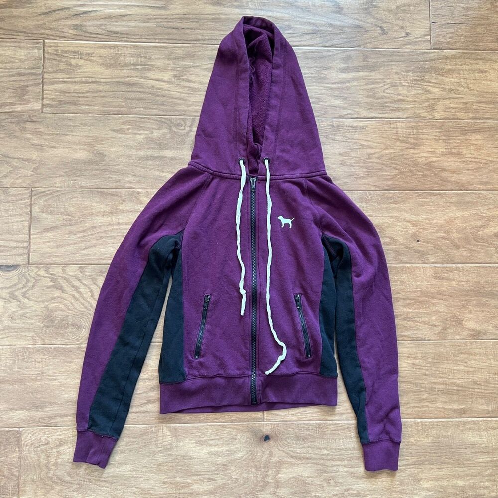 PINK Victoria's Secret Full Zip Hoodie Sweatshirt Jacket Size XS Burgundy/Black